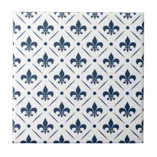 Dark blue Fleur De Lis pattern on white background Tile