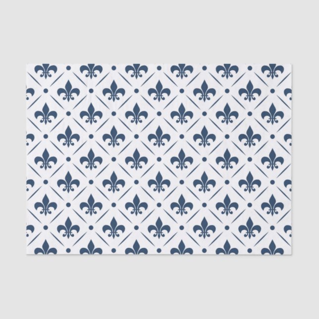 Dark blue Fleur De Lis pattern on white background Tissue Paper (Front)