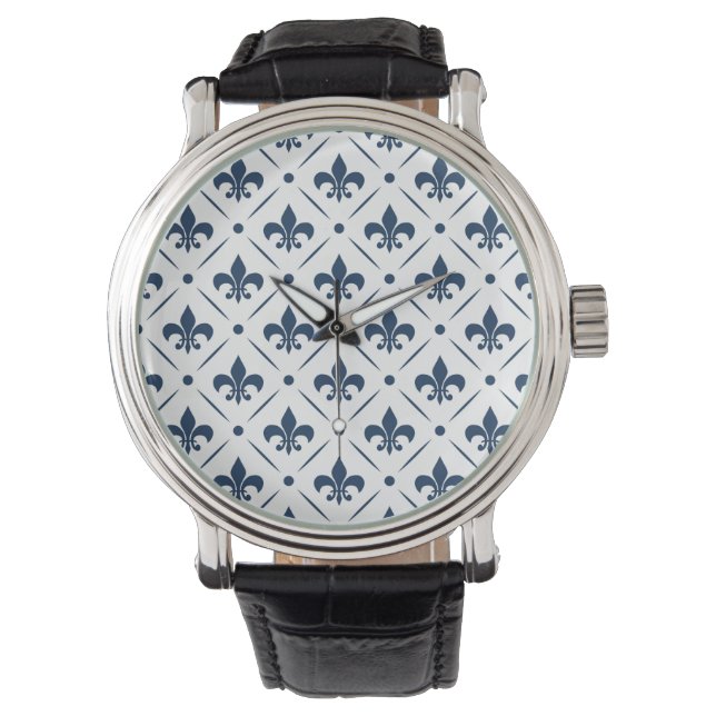 Dark blue Fleur De Lis pattern on white background Watch (Front)