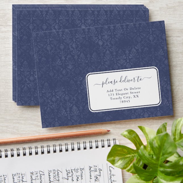 Dark Blue Floral Damask Pattern - Custom Envelopes (Stacked)