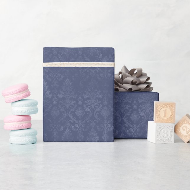 Dark Blue Floral Damask Wrapping Paper Roll (Baby Shower)