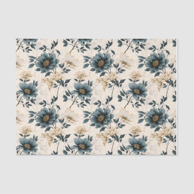 Dark Blue Floral Design Tissue Paper (Front)