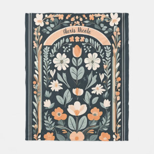 Dark Blue Floral Folk Fleece Blanket
