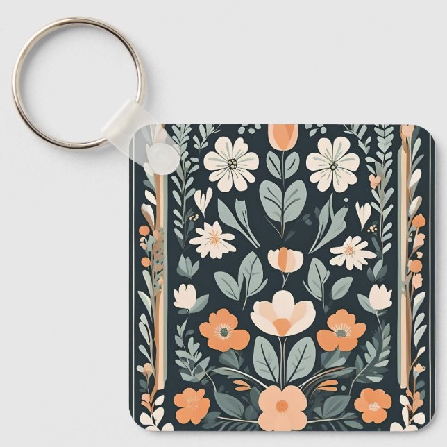 Dark Blue Floral Folk Key Ring (Front)