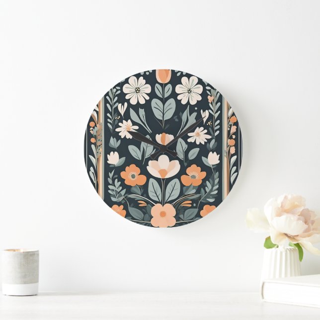 Dark Blue Floral Folk Large Clock (Home)