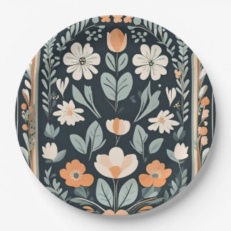 Dark Blue Floral Folk Paper Plate
