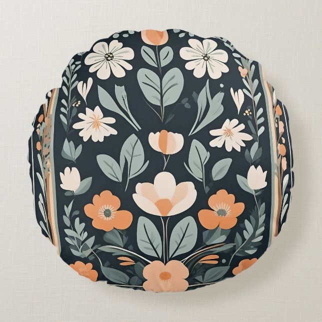Dark Blue Floral Folk Round Cushion (Front)