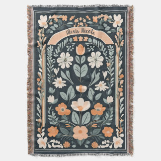 Dark Blue Floral Folk Throw Blanket