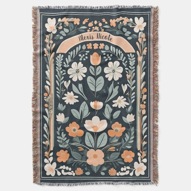 Dark Blue Floral Folk Throw Blanket (Front Vertical)