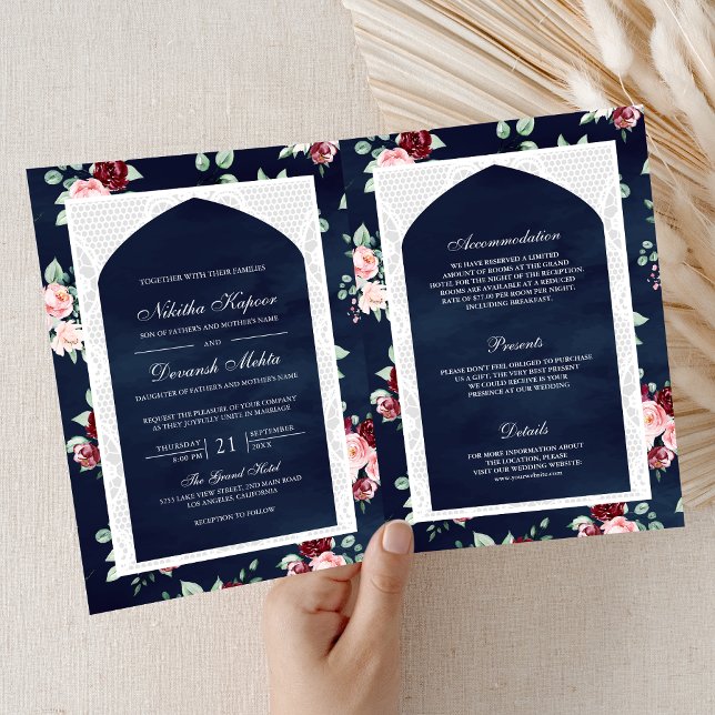 Dark Blue Floral Lace All in One Indian Wedding Invitation (Creator Uploaded)
