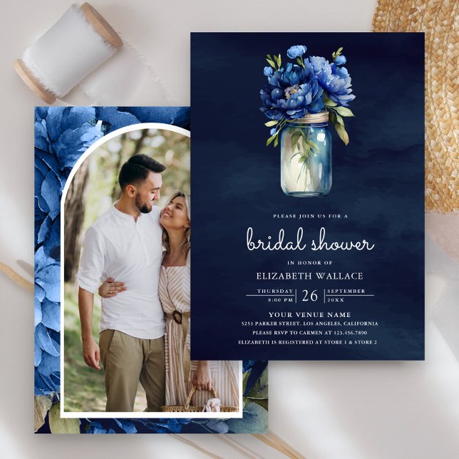 Dark Blue Floral Mason Jar Photo Bridal Shower Invitation (Creator Uploaded)