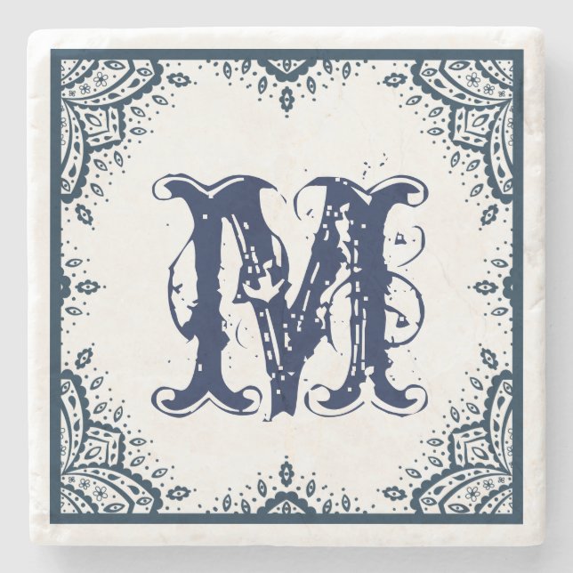 Dark Blue Floral Paisley Frame Monogram Stone Coaster (Front)