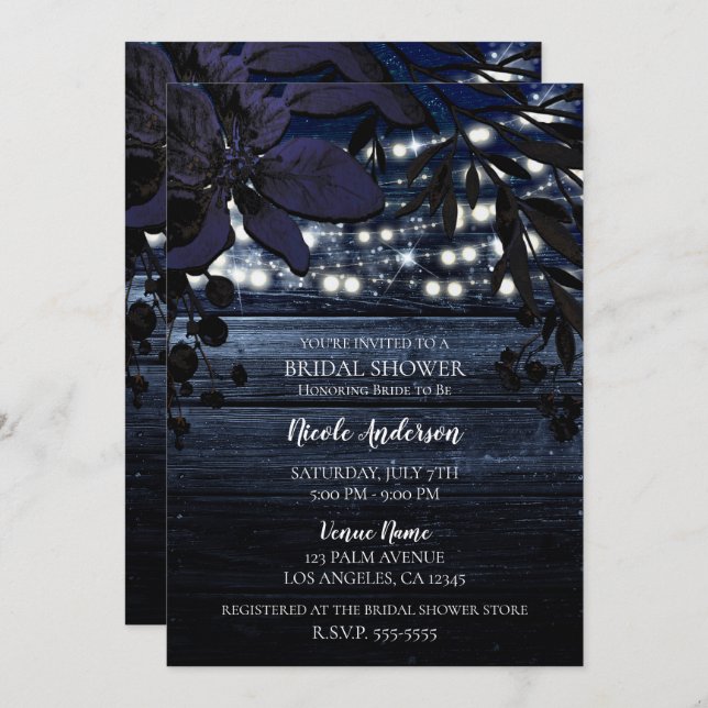 Dark Blue Floral Rustic Wood Lights Bridal Shower Invitation (Front/Back)