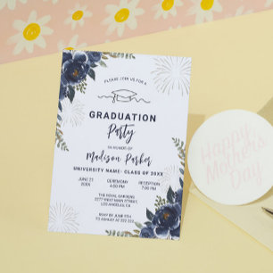 Dark Blue Flowers Graduation Invitation