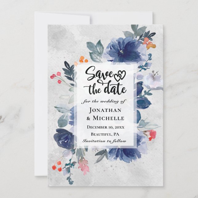 Dark Blue Flowers Red Berries Floral Wedding Save The Date (Front)