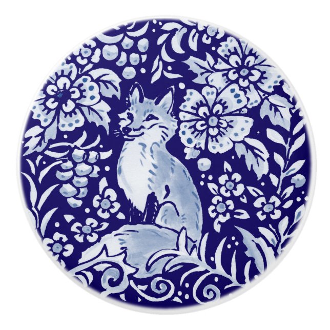 Dark Blue Fox Woodland Animal Floral Cobalt Navy Ceramic Knob (Front)