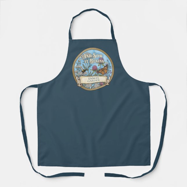 Dark Blue Garden Apron - Custom Pollinator Design (Front)