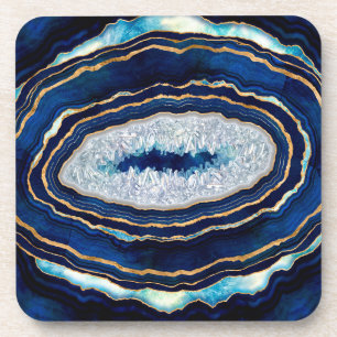 Dark Blue Geode and Gold Digital Art Coaster