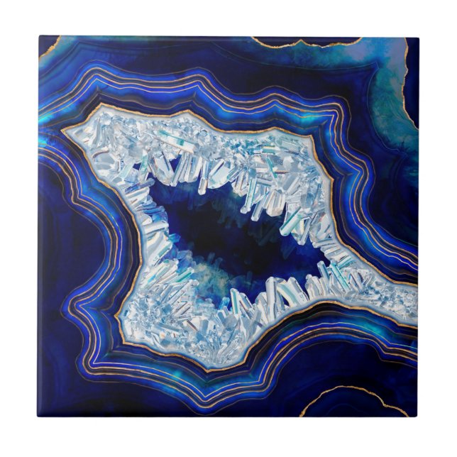 Dark Blue Geode Crystals and Gold Digital Art Tile (Front)
