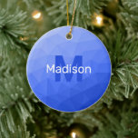 Dark blue geometric mesh pattern Monogram Ceramic Tree Decoration<br><div class="desc">Dark blue ombre geometric mesh pattern Monogram Ceramic Christmas tree Ornament. Monogram Personalise with your custom initial and name. Triangle geometric mesh with light dark blue ombre gradient modern design.</div>