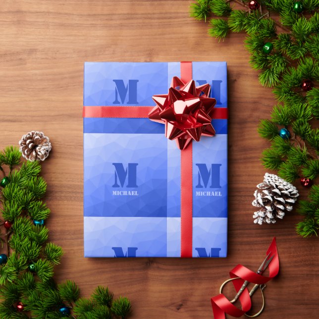 Dark blue geometric mesh pattern Monogram Wrapping Paper (Holiday Gift)