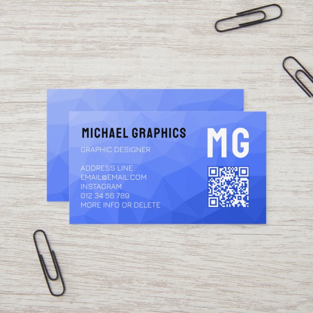 Dark blue geometric mesh pattern QR code Monogram Business Card (Front/Back In Situ)