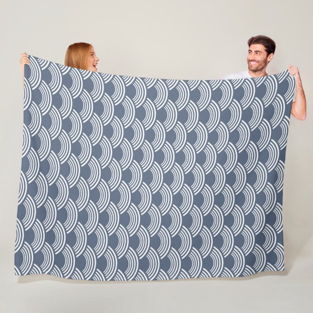 Dark Blue Geometric Wave Pattern Seigaiha Fleece Blanket (In Situ)
