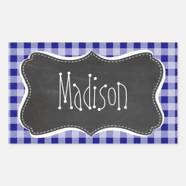 Dark Blue Gingham; Vintage Chalkboard look Rectangular Sticker (Front)