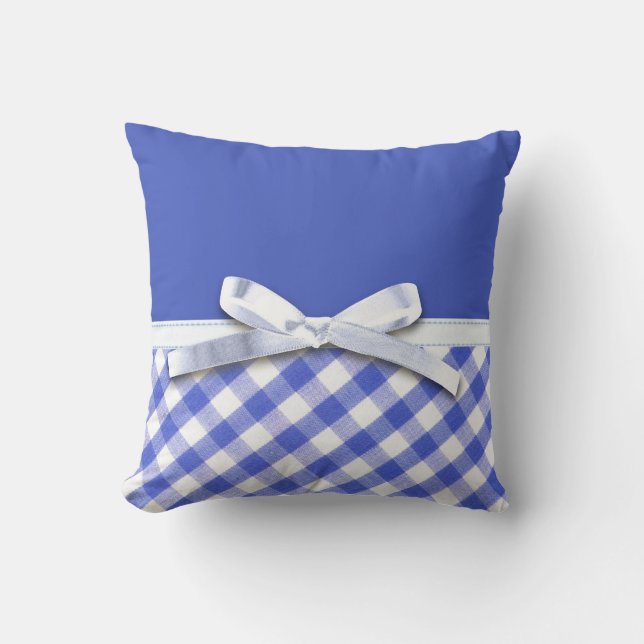 Dark blue gingham with white ribbon bow graphic cushion (Front)