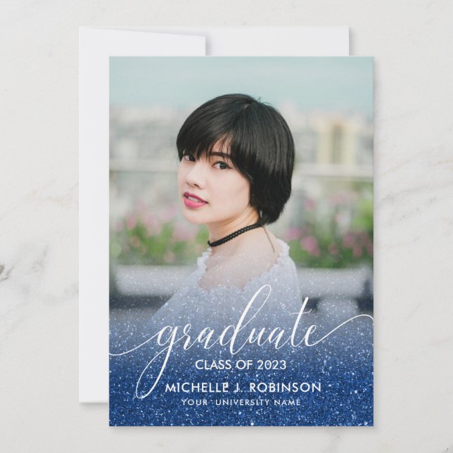 Dark Blue Glitter Ombre Girly Photo Graduation Announcement (Front)