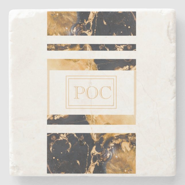 Dark Blue Gold Abstract Monogram Stone Coaster (Front)
