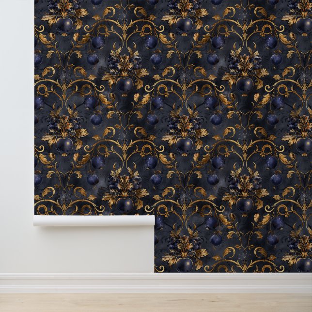 Dark Blue Gold Berries Royal Damask Golden Leaves Wallpaper (Application)