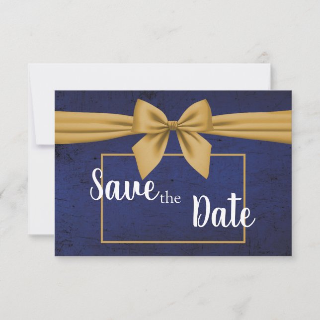 Dark Blue Gold Bow Save The Date (Front)