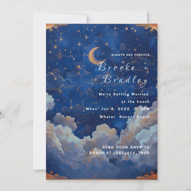Dark Blue & Gold Celestial Wedding Invitation (Front)