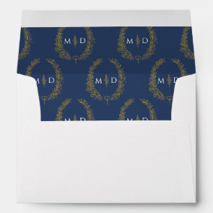 Dark blue gold colour white monogram wreath weddin envelope