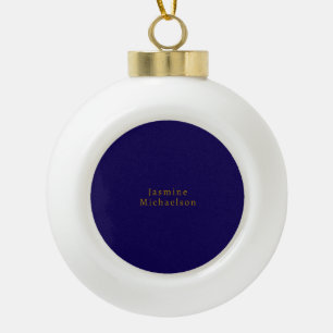 Dark Blue & Gold Cute Minimalist Own Name Ceramic Ball Christmas Ornament