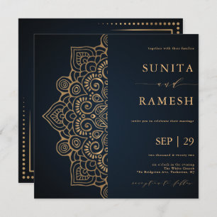 Dark Blue Gold Elegant Mandala Indian Wedding Invitation