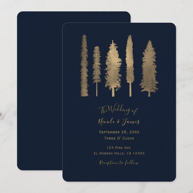 Dark Blue & Gold Forest Woodsy Trees Wedding Invitation (Front/Back)