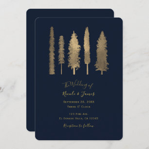 Dark Blue & Gold Forest Woodsy Trees Wedding Invitation