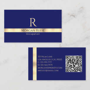 Dark Blue & Gold, Generate QR Code Name & Monogram Business Card