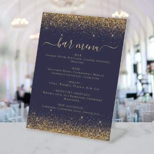 Dark Blue Gold Glitter Bar Menu Pedestal Sign