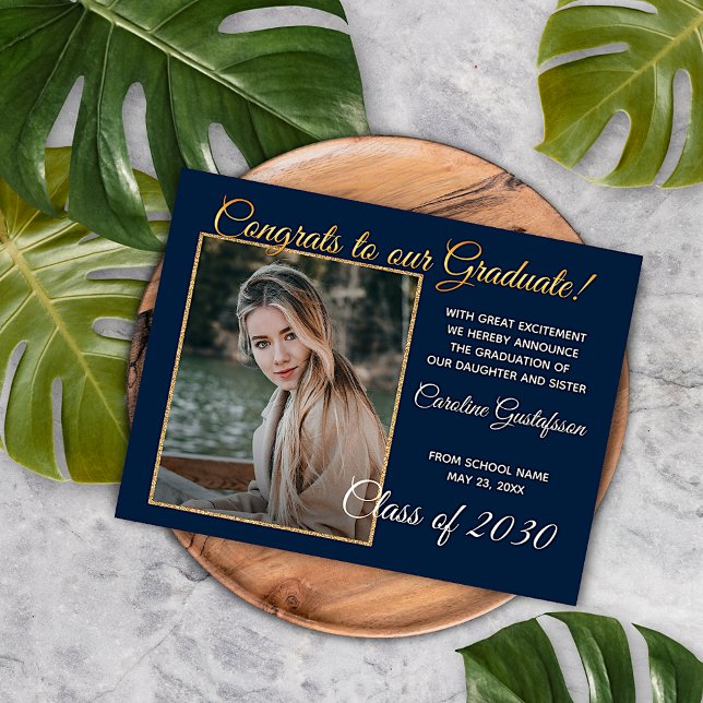Dark Blue Gold Glitter Graduation Announcement Postcard (Creator Uploaded)