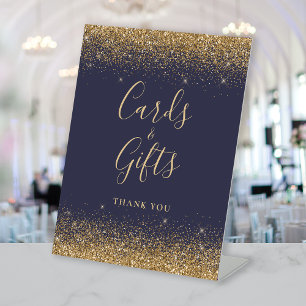 Dark Blue Gold Glitter Wedding Cards and Gifts Pedestal Sign