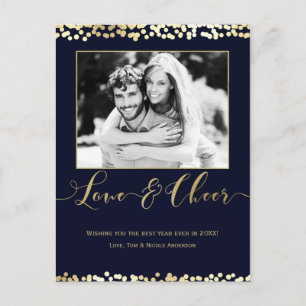 Dark Blue & Gold LOVE & CHEER New Years Photo Holiday Postcard