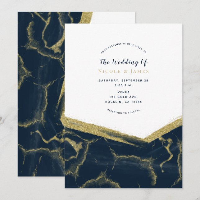 Dark Blue & Gold Marble Chic Modern Wedding Invitation (Front/Back)