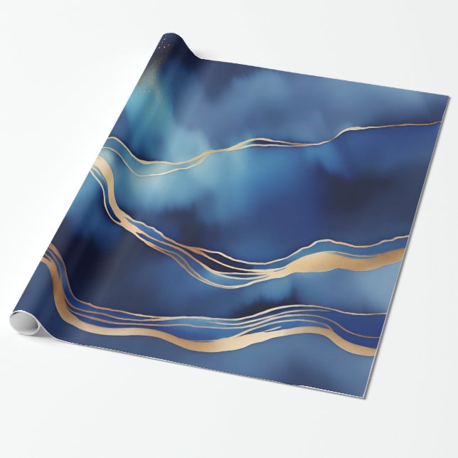 Dark Blue Gold Metallic Marble Stone  Wrapping Paper (Unrolled)