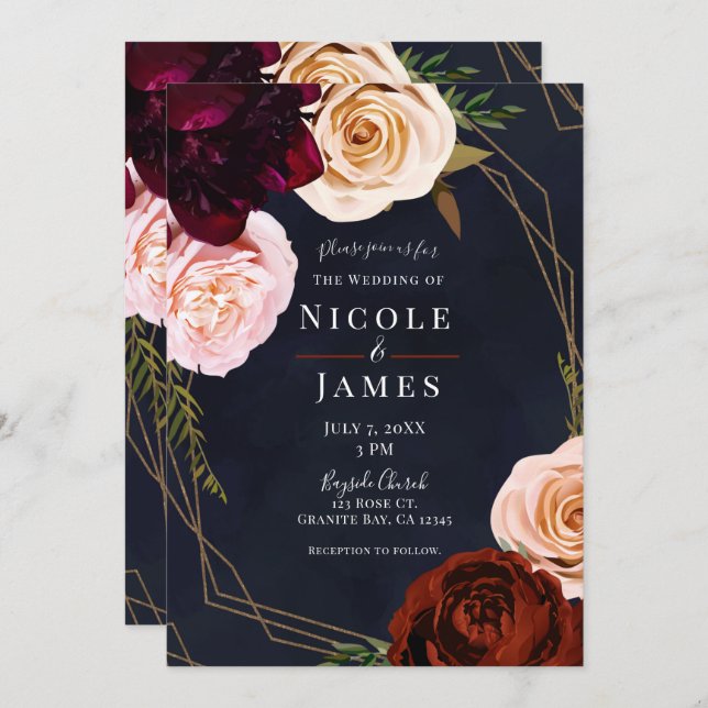 Dark Blue & Gold Modern Rustic Floral Wedding Invitation (Front/Back)