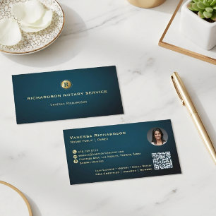 Dark Blue & Gold Monogram Sleek Notary QR Photo Business Card