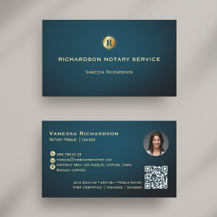 Dark Blue & Gold Monogram Sleek Notary QR Photo Business Card