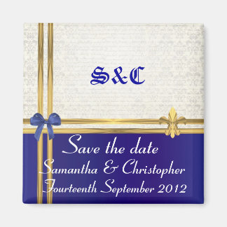Dark blue & gold on damask save the date magnet